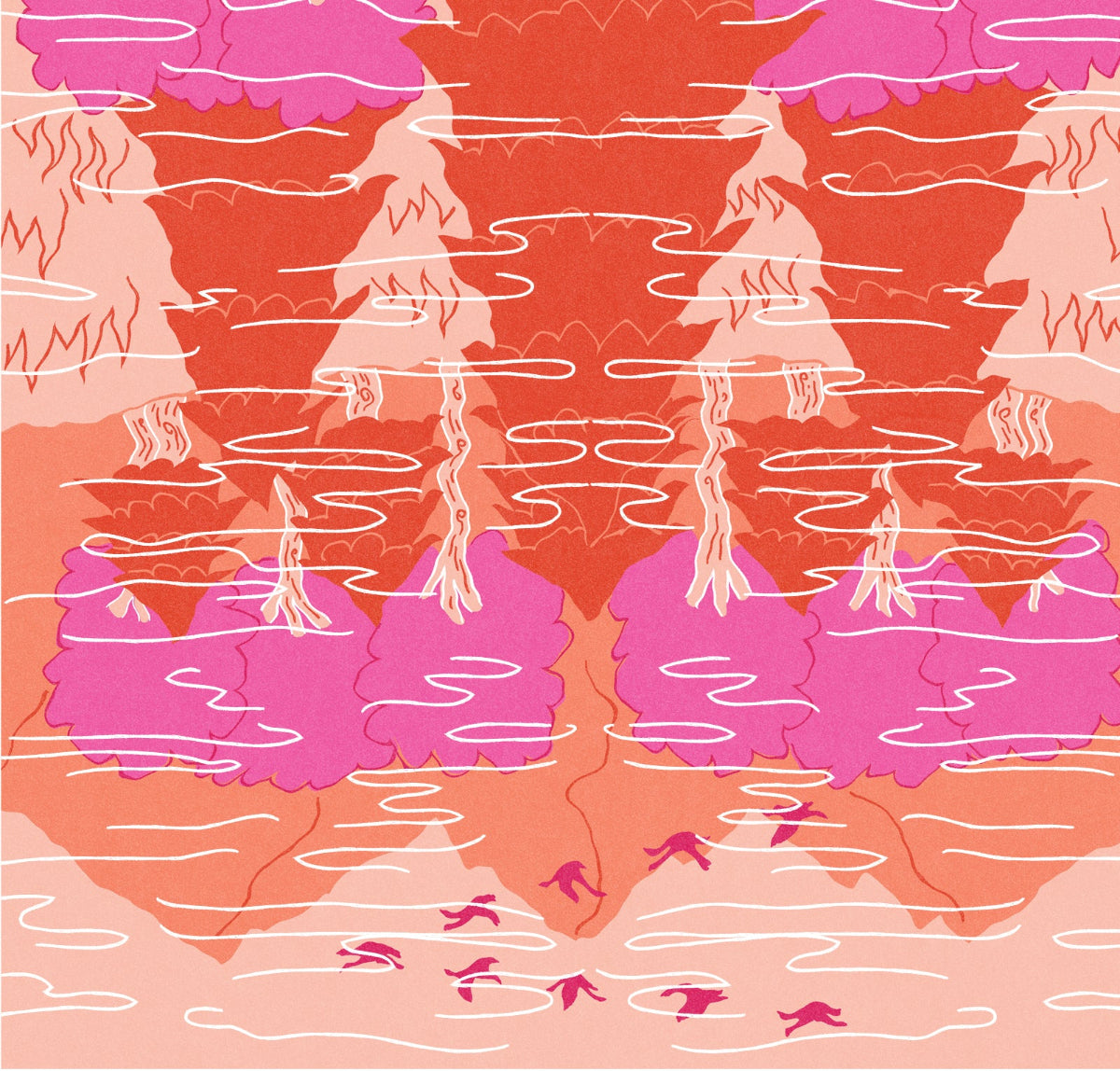 Pattern of pink and orange shapes with wavy lines on a pink background
