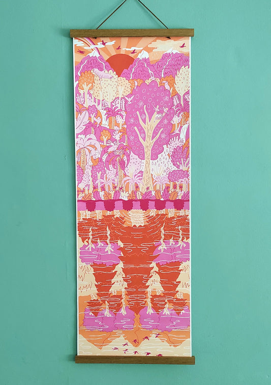 Decorative wall scroll with a colorful nature-themed design on a teal background