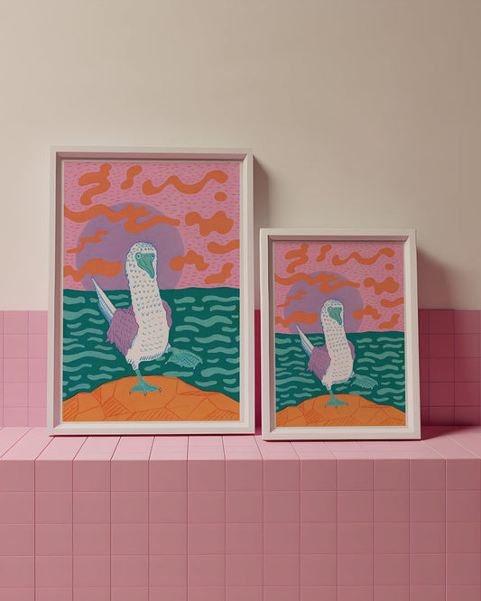 Two framed artworks of a bird on a pink and orange background with a pink wall and shelf.