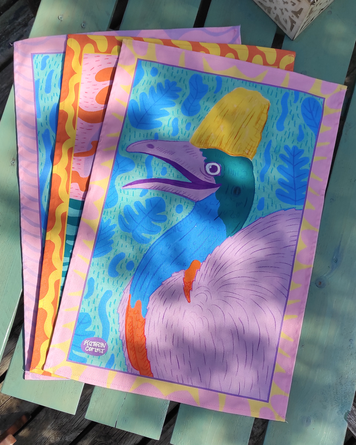 Colorful artwork of a Cassowary on a textured surface