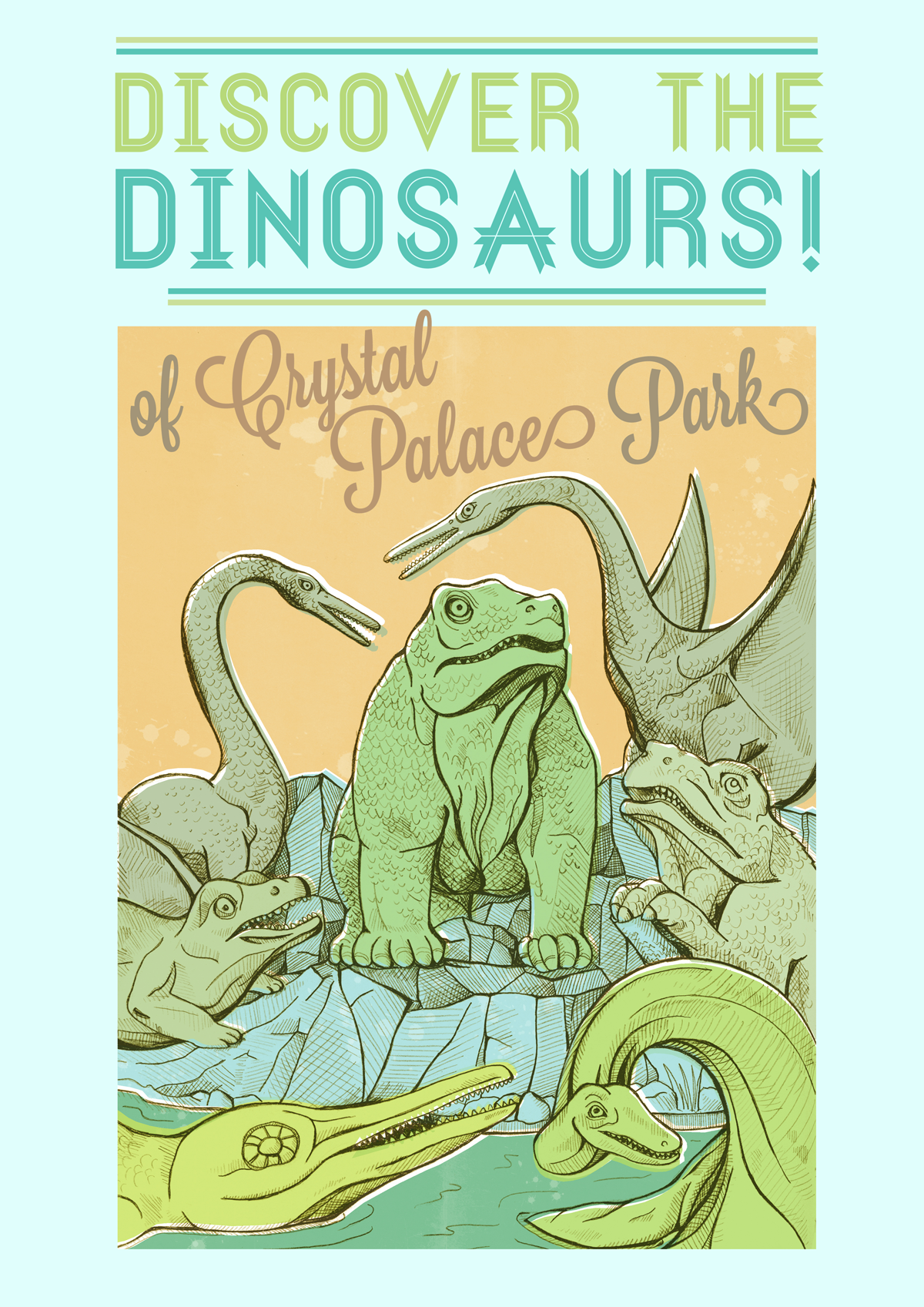 Greetings Card featuring dinosaurs and text 'Discover the Dinosaurs of Crystal Palace Park' on a light blue background