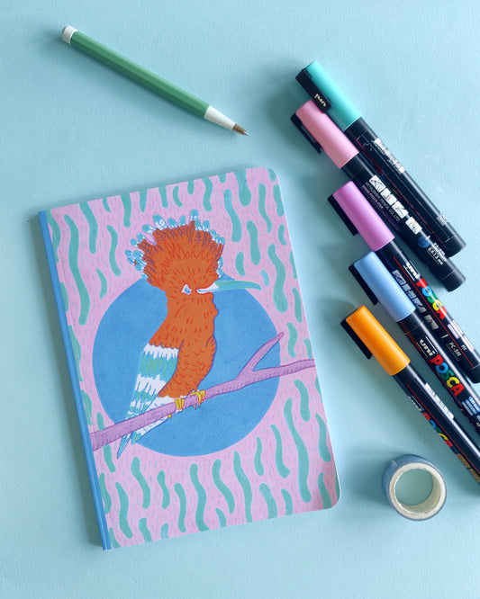 Roberto the Hoopoe Notebook - A5, 70 page, square dotted with rounded corners