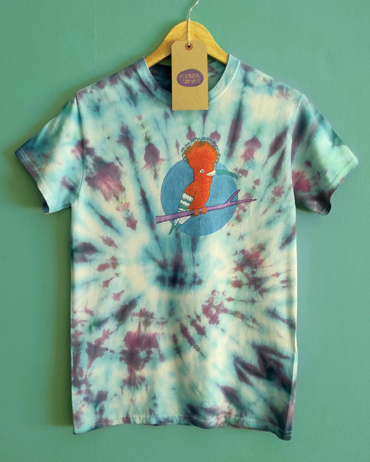 Tie-dye t-shirt with Hoopoe illustration on a hanger against a green background