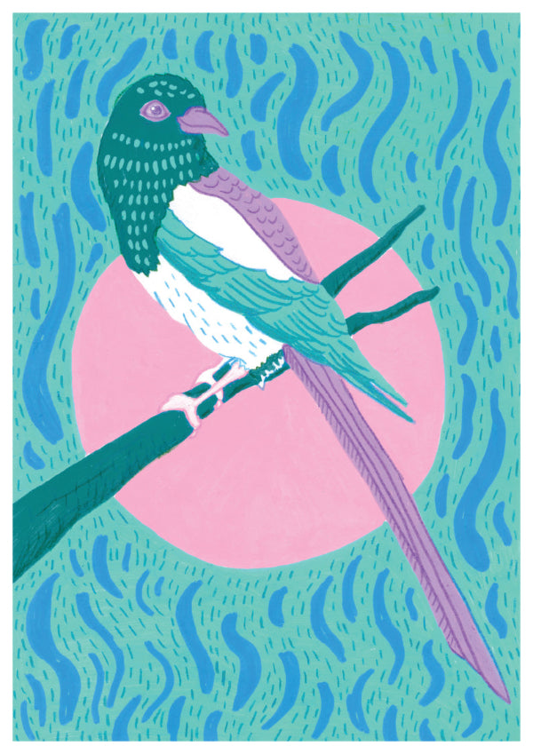 Colorful illustration of a bird on a branch with a pink circle and blue wavy patterns in the background.