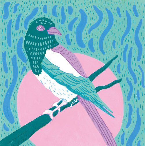 Colorful illustration of a bird with a long tail on a pink and blue patterned background