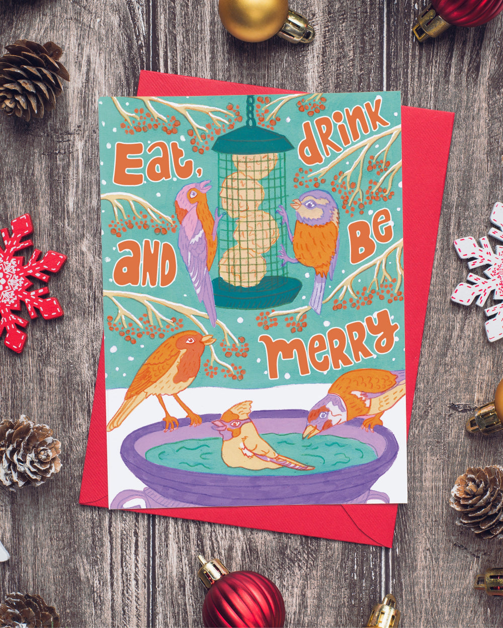 British Garden Birds Christmas Card - Eat, Drink and be Merry