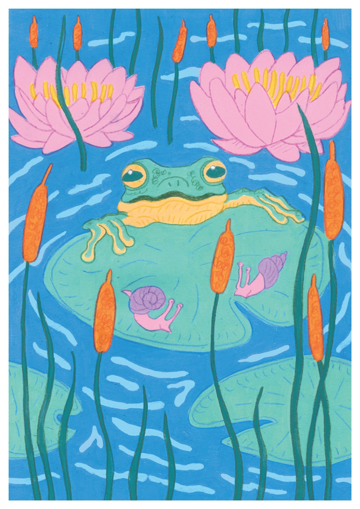 Colorful illustration of a frog among water lilies and reeds in a pond.