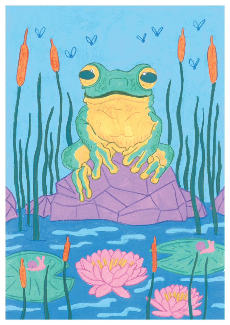 Colorful illustration of a frog on a rock in a pond with lily pads and reeds.