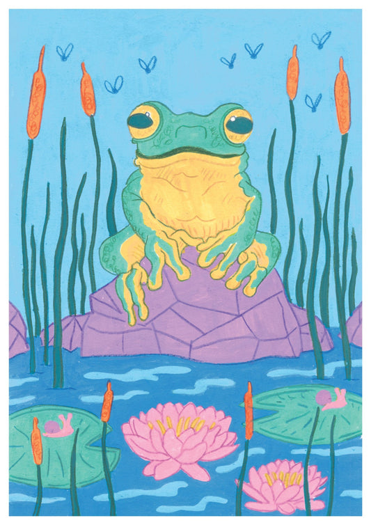 Colorful illustration of a frog on a rock in a pond with lily pads and reeds.