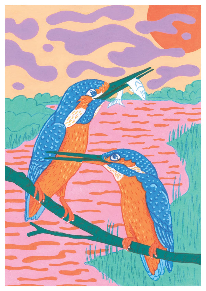 Two colorful kingfishers perched on a branch with a vibrant, abstract background.