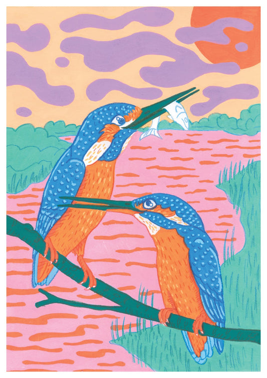 Two colorful kingfishers perched on a branch with a vibrant, abstract background.