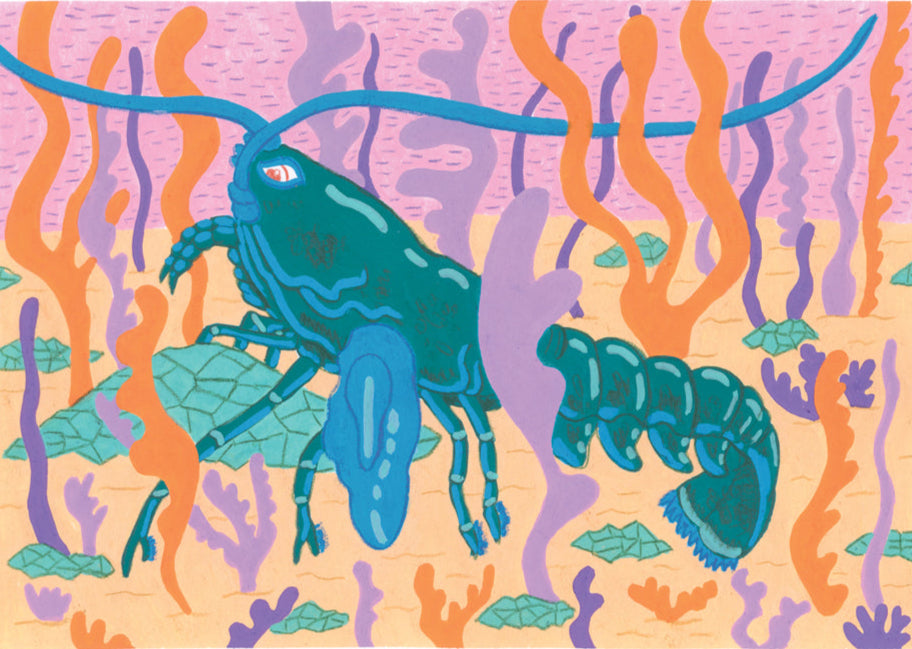 Colorful illustration of lobsters among sea plants on a pink background