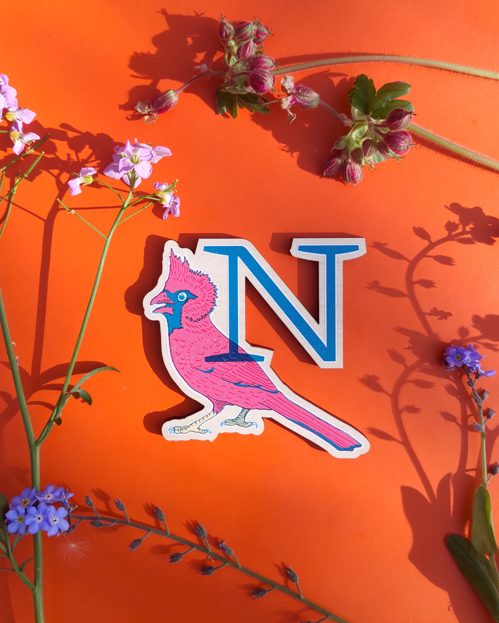 Letter 'N' with a Northern cardinal design on an orange background with flowers.