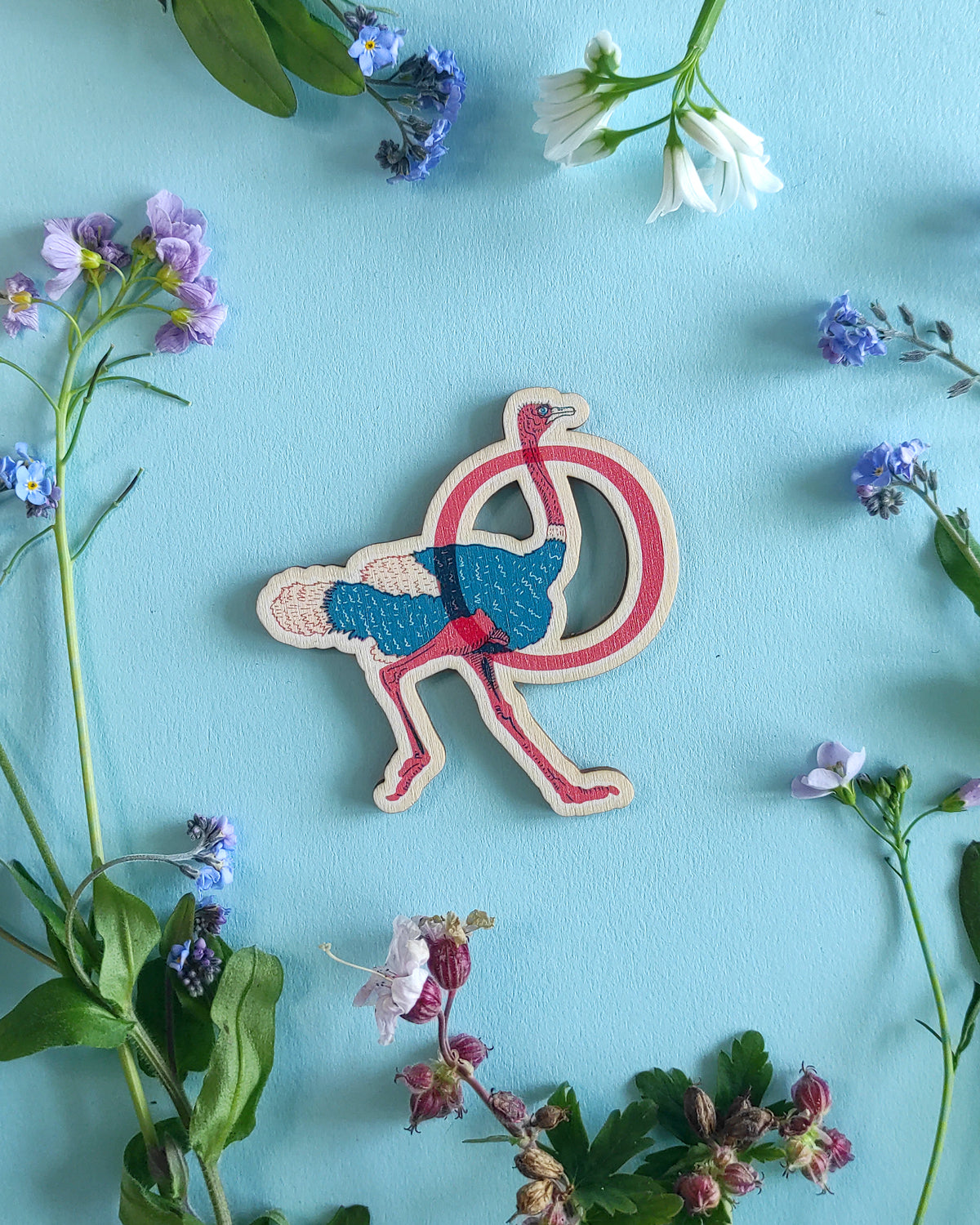 Wooden letter 'O' with a ostrich design on a blue background with flowers and leaves.