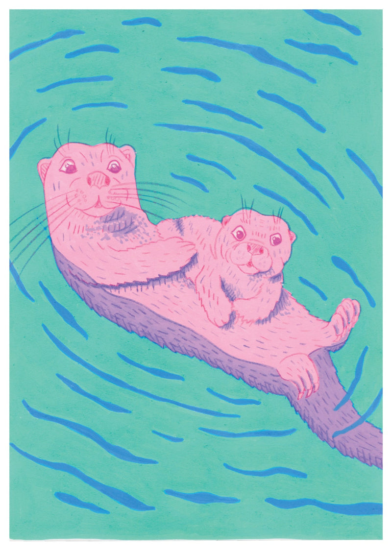 Illustration of an otter Mum and Pup floating in water.