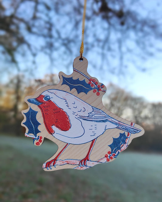 Robin on Holly Branch Wooden Tree Decoration