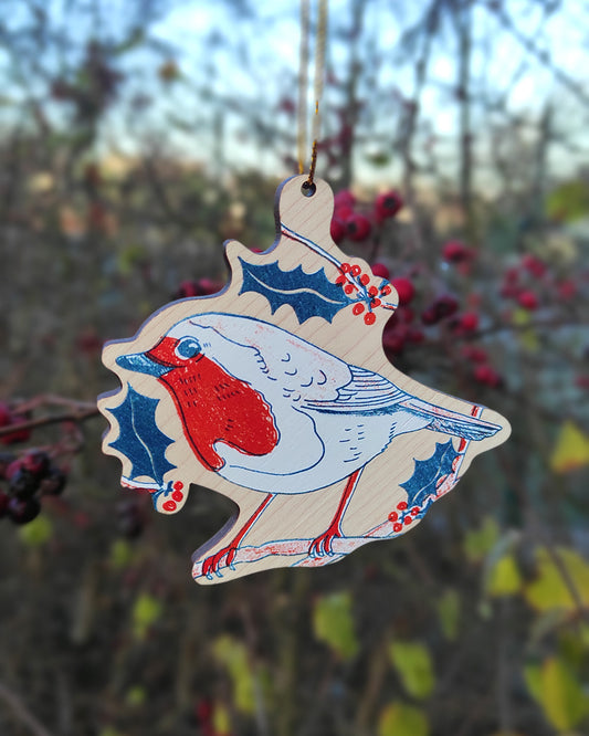 Robin on Holly Branch Wooden Tree Decoration