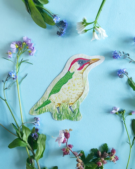 Decorative green woodpecker sticker surrounded by flowers on a blue background